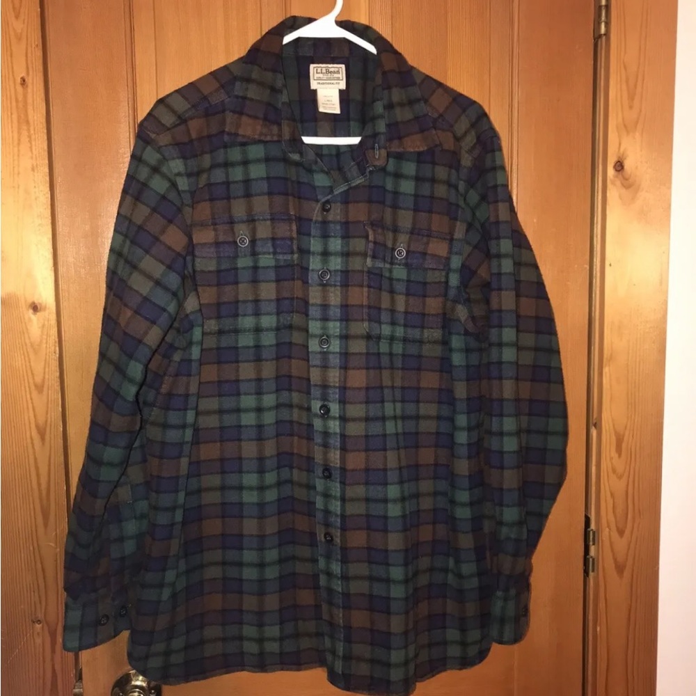 LL Bean Shirt Mens Large Green Blue Heavy Plaid Flannel Button Down Long Sleeve